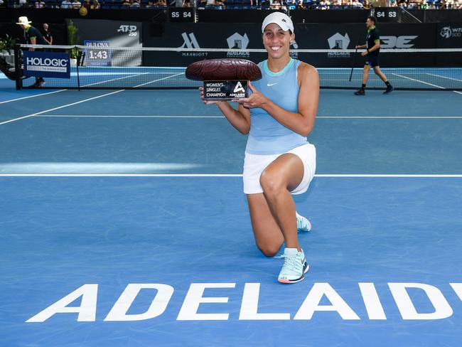 Madison Keys holds the Womens Singles Champion trophy at the Adelaide International. Picture: Getty Images