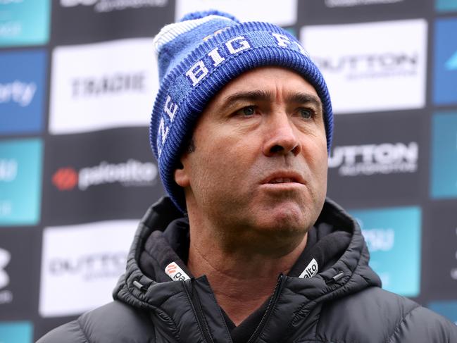 Brad Scott speaking to the media on Thursday. Picture: Kelly Defina/Getty Images
