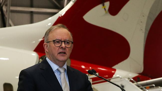 Prime Minister Anthony Albanese at Qantas headquarters in Sydney last year to launch the airline’s Yes campaign. Picture: Gaye Gerard / NCA Newswire