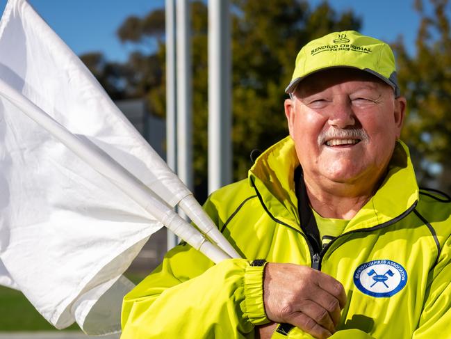 Goal Umpire Alan Aylward at QEO, Bendigo 30/04/2025.  Photo: Brendan MCCarthy 30/04/2025