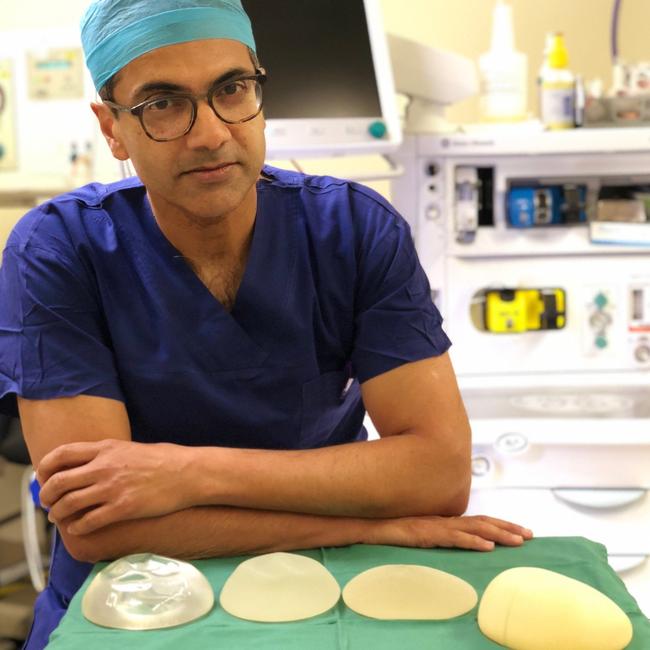 Professor Anand Deva with Breast implants implicated in cancer. Picture: Supplied