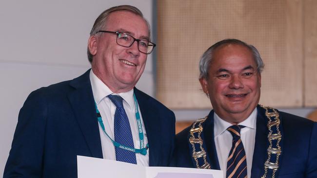 Councillor Peter Young at the swearing in of councillors with Mayor Tom Tate. Picture: Glenn Campbell.