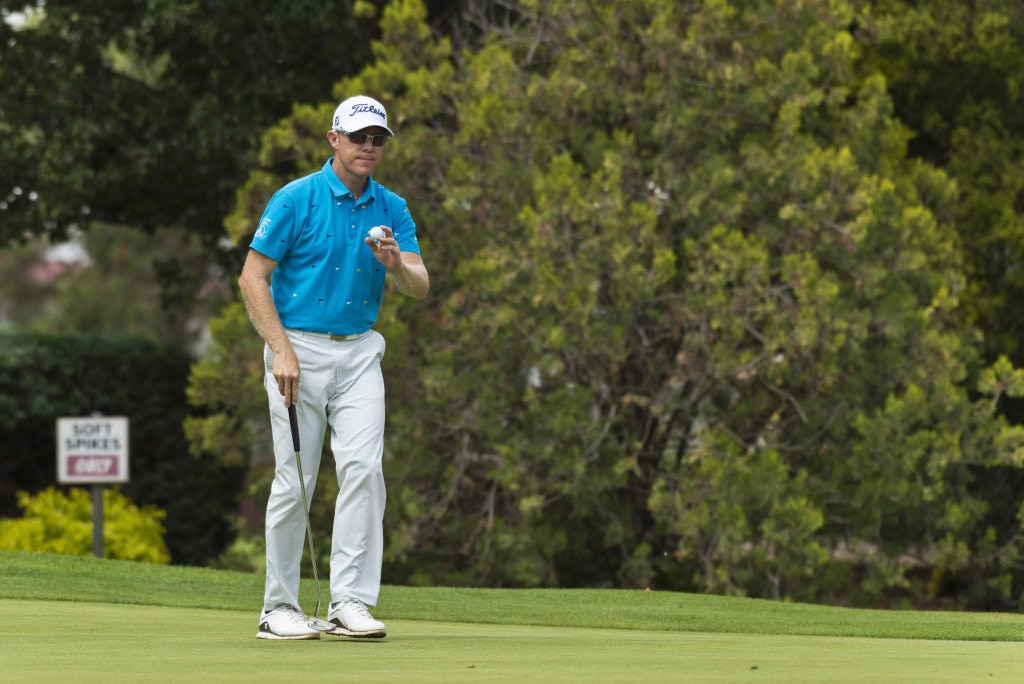 Brad Kennedy acknowledges the gallery after the ninth hole in round three of the Queensland PGA Championship at City Golf Club, Saturday, February 15, 2020. Picture: Kevin Farmer