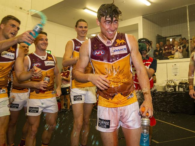 Noah Answerth celebrates a win on debut in the Brisbane Lions’ Anzac jumper in 2019. Picture: AAP Image/Glenn Hunt