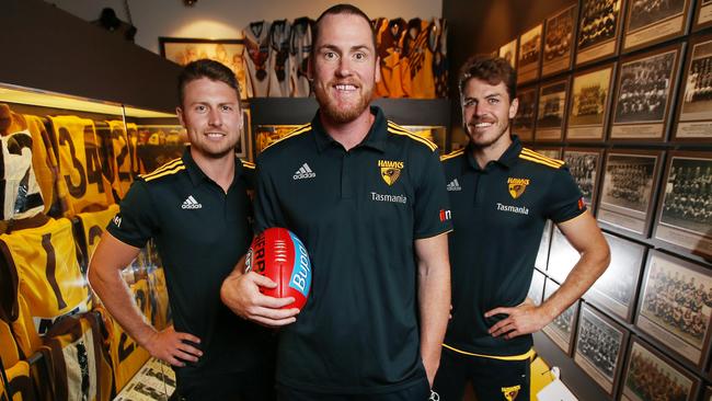 New Hawthorn captain Jarryd Roughead with his vice-captains Liam Shiels and Isaac Smith. Picture: Michael Klein