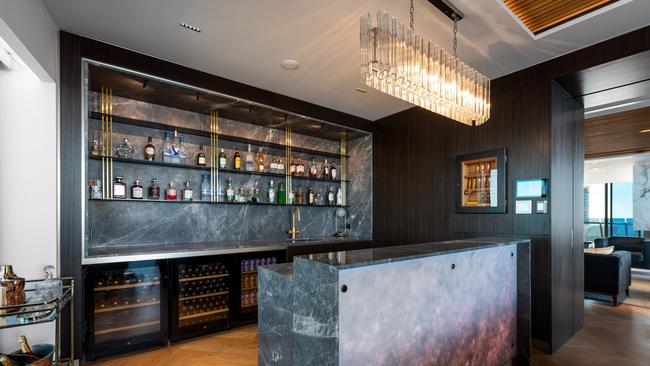 The bar in the Surfers Paradise penthouse owned by Culture Kings founders Simon and Tah-nee Beard. Image supplied.