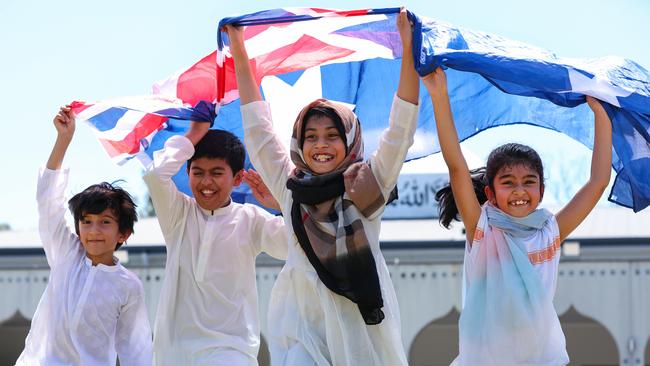 Queensland's Ahmadiyya Muslim Imam will hosts an Inclusive Australia Day Lunch at the Bait-ul-Masroor Mosque, Stockleigh. Rehan Khan, 8, Basharat Ahmed, 9, Rizwana Hadi, 10, and Irha Shoaib, 8, get ready for the fun. Picture: Adam Head