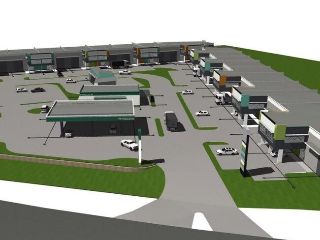 Artist's impression of a proposed industrial warehouses, service station, car wash and fast food outlet as part of the WEZ.