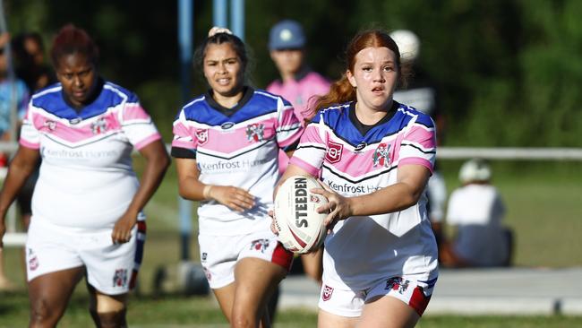 Layla Geck plays the ball from dummy half in the Far North Queensland Rugby League (FNQRL) women's qualifying semi final match between the Cairns Kangaroos and the Ivanhoe Maidens, held at Vico Oval, Mooroobool. Picture: Brendan Radke