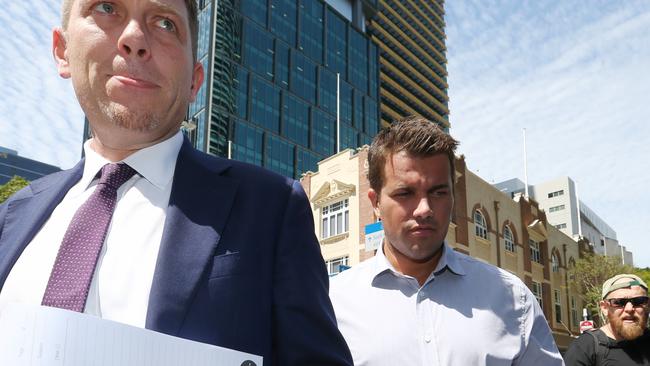 Accused murderer Gable Tostee (right) with lawyer Nick Dore arriving at the Brisbane Supreme Court in 2016. Picture: Tara Croser.