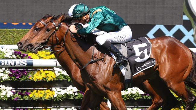 Breeders’ Plate winner Espionage (outside) makes his return to racing in the Group 2 Silver Slipper at Rosehill on Saturday. Picture: Grant Guy