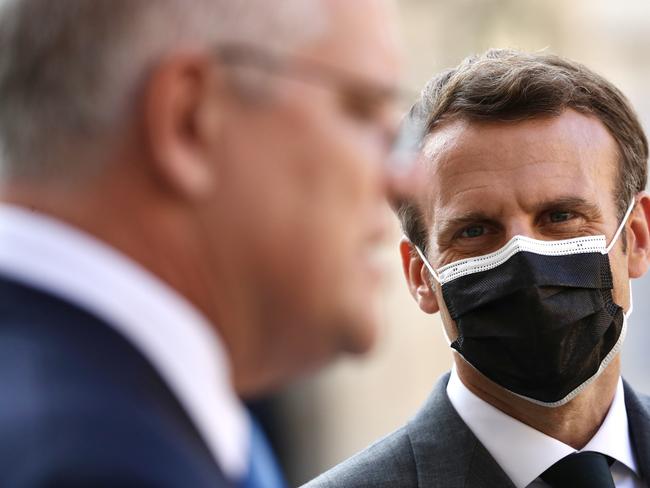 Australian Prime Minister Scott Morrison holds a Joint Media Conference with HE Mr Emmanuel Macron, President of the French Republic and then is a guest at a working dinner at the Presidential Palace in France on Tuesday, June 15, 2021. Picture: Adam Taylor/PMO