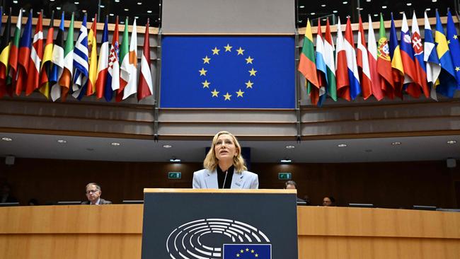 Australian actress, and UNHCR Goodwill Ambassador, Cate Blanchett adresses members of the parliament during a plenary session at the European Parliament, EU headquarters in Brussels.