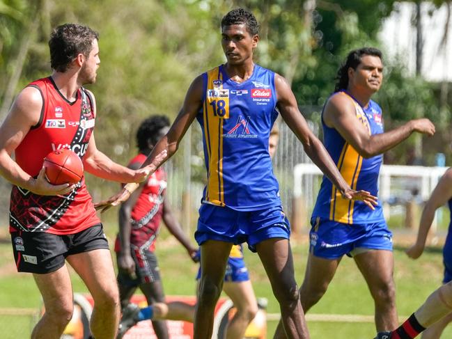 Leroy Dhurrkay of Wanderers was named the Round 18 Rising Star nominee of the 2023-24 NTFL season. Picture: Tymunna Clements / AFLNT Media