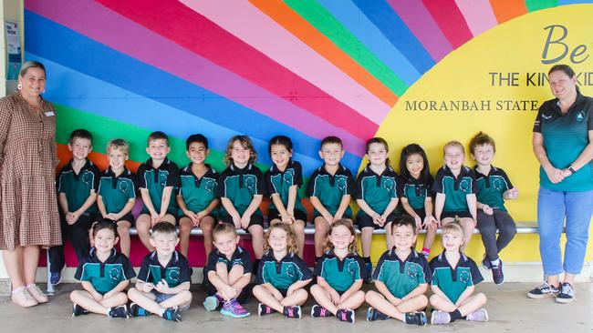 Moranbah State School 2022 Prep TS. (L-R) Back row: Teacher Tegan Sutton, Riley Douch, James Grealy, Julian Duval, Keanu Sitapa, Mason James, Jessica Sellen, Oskar Friend, Lane Eden, Alicia Cortez, Jayde Brunker, Wyatt Meuleman, teacher aide Rachel West; front row: Allison Floyd, Jack Quod, Frankie Crossley, Jorja Johnson, Aleira Johnson, Raz Corbett, Courtney Schiappadori. Absent: Oscar Brand. Picture: Contributed MKY2022PREP