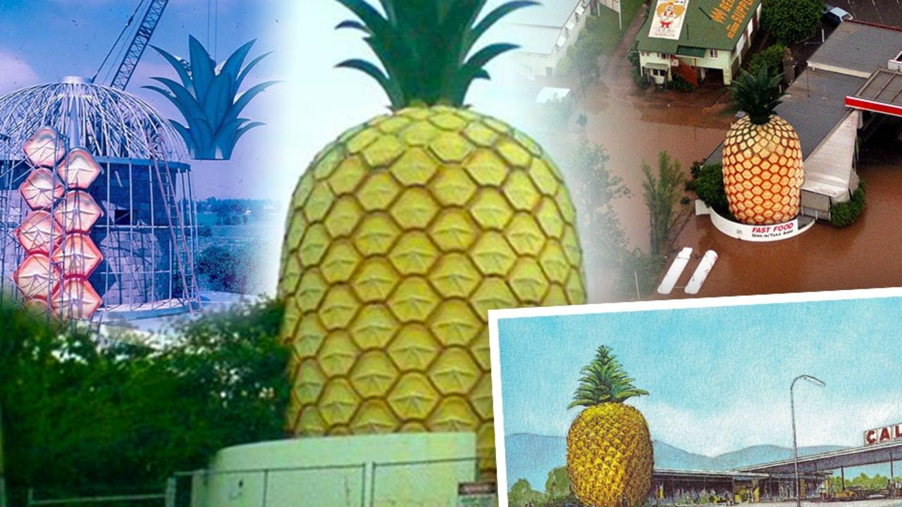 Splice of Gympie's big pineapple, which stood at the Bruce Hwy from 1971 to 2008.