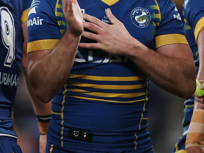 SYDNEY, AUSTRALIA - MAY 26: Eels players celebrate a try by Wiremu Greig of the Eels during the round 13 NRL match between Parramatta Eels and North Queensland Cowboys at CommBank Stadium on May 26, 2023 in Sydney, Australia. (Photo by Mark Metcalfe/Getty Images)