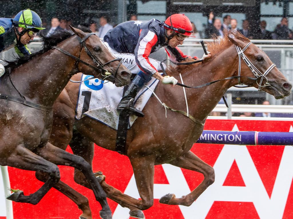 Dalasan takes out the Carbine Club Stakes on Derby Day. Picture: Jay Town