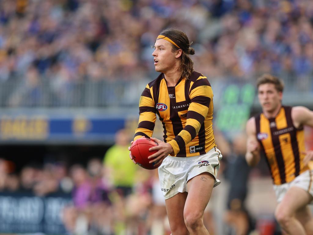 PERTH, AUSTRALIA – JUNE 30: Jack Ginnivan of the Hawks in possession during the round 16 AFL match between West Coast Eagles and Hawthorn Hawks at Optus Stadium, on June 30, 2024, in Perth, Australia. (Photo by Janelle St Pierre/Getty Images)