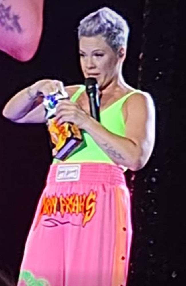 Pink bravely tried Vegemite Shapes at her Melbourne show.