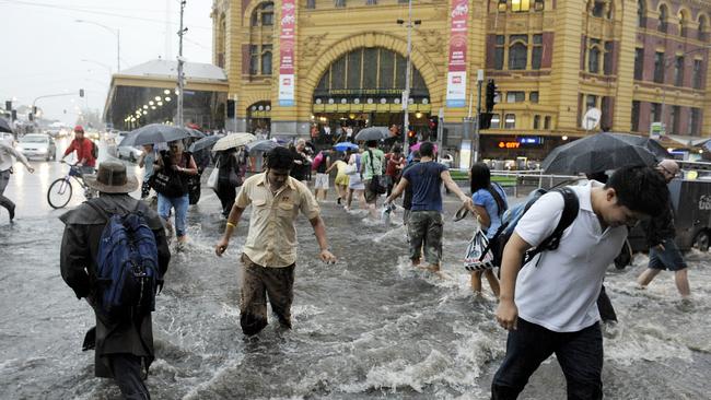 Wild weather at Flinders Street Station, Melbourne, in 2010.