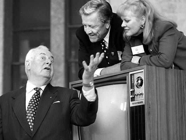 Former Prime Minister Gough Whitlam with entertainer Bobby Limb and Little Pattie with 1,000,000th NEC colour TV.