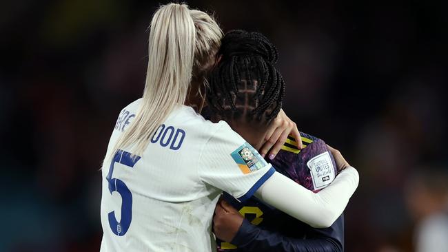 Linda Caicedo is consoled by Alex Greenwood on the final whistle as England moved into the semi-finals of the World Cup. Picture: Getty Images