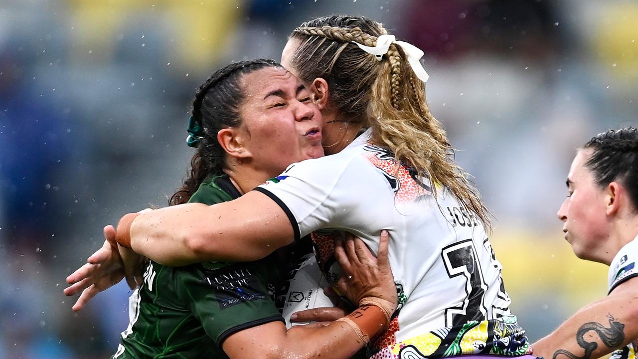 Maori All Star Kennedy Cherrington is tackled. Picture: Ian Hitchcock/Getty Images