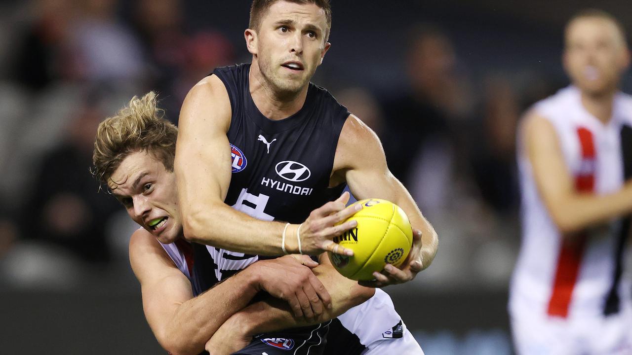 Saints Mature-age draftee Tom Highmore tackles Blue Marc Murphy. Picture: Michael Klein