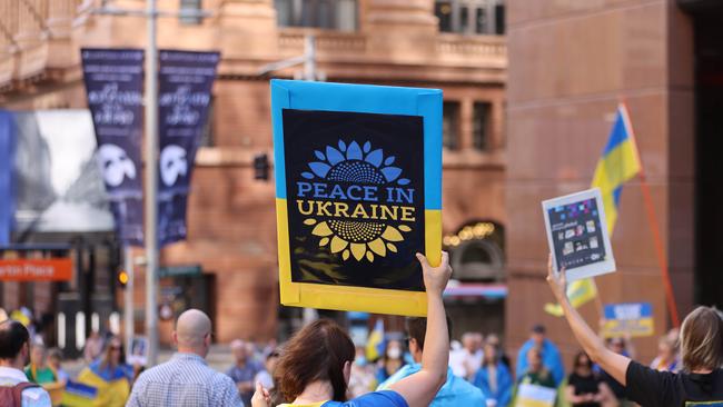 Pro-Ukrainian protesters created a sea of yellow and blue in Martin Place place to protest the Russia-Ukraine war. Picture: NCA NewsWire / Damian Shaw