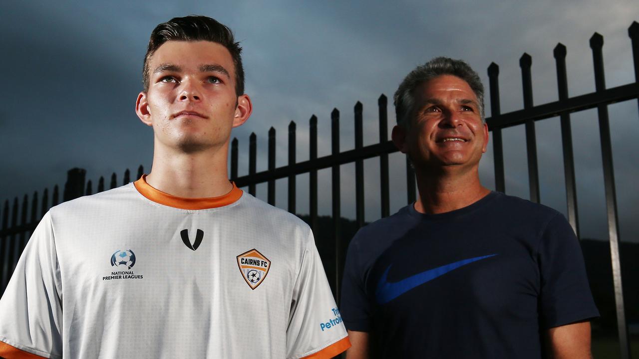 Cairns FC youngster Harry Corica with his father Michael. Picture: Brendan Radke