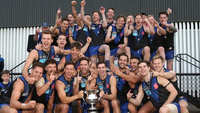 Uni Blues celebrate their victory in this year’s VAFA Premier Division grand final.