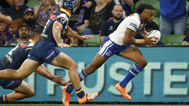 Josh Addo-Carr scores a try against the Storm. Picture: Daniel Pockett/Getty Images