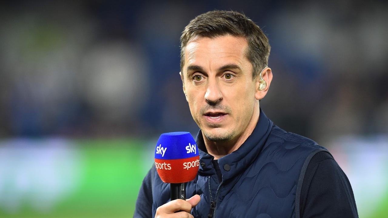 Sky Sports commentator and former footballer Gary Neville gestures before the English Premier League football match between Brighton and Hove Albion and West Ham at the American Express Community Stadium in Brighton, southern England on October 5, 2018. (Photo by Glyn KIRK / AFP) / RESTRICTED TO EDITORIAL USE. No use with unauthorised audio, video, data, fixture lists, club/league logos or 'live' services. Online in-match use limited to 120 images. An additional 40 images may be used in extra time. No video emulation. Social media in-match use limited to 120 images. An additional 40 images may be used in extra time. No use in betting publications, games or single club/league/player publications. /