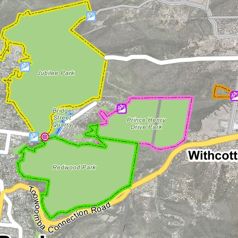 Concept art for the Toowoomba Regional Council's revamped Escarpment Mountain Bike Trails master plan, which will now include Prince Henry Drive Park and Jubilee Park instead of Redwood.