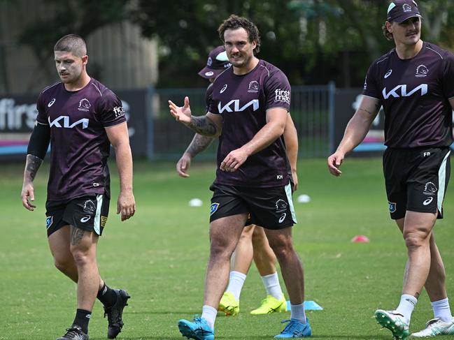 Hetherington (centre) seating it out at pre-season training at Red Hill. Picture: Lyndon Mechielsen/Courier Mail