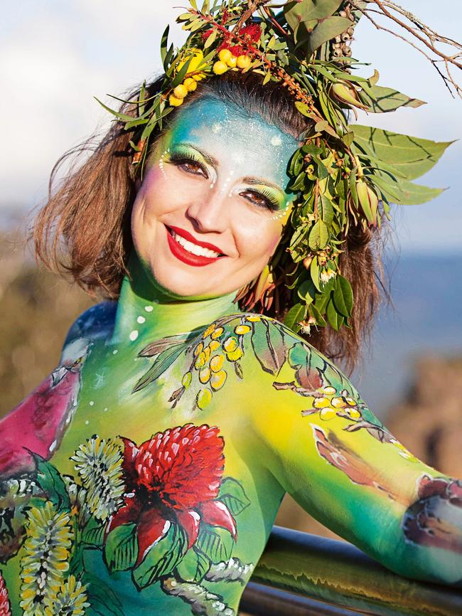 Amy’s stunning photograph taken for the SoBrave breast cancer fundraising calendar. Picture: Kirsty Mikhail Bodypaint: Wendy Fantasia