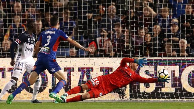 Lawrence Thomas saves a goal during the 2018 A-League Grand Final. 