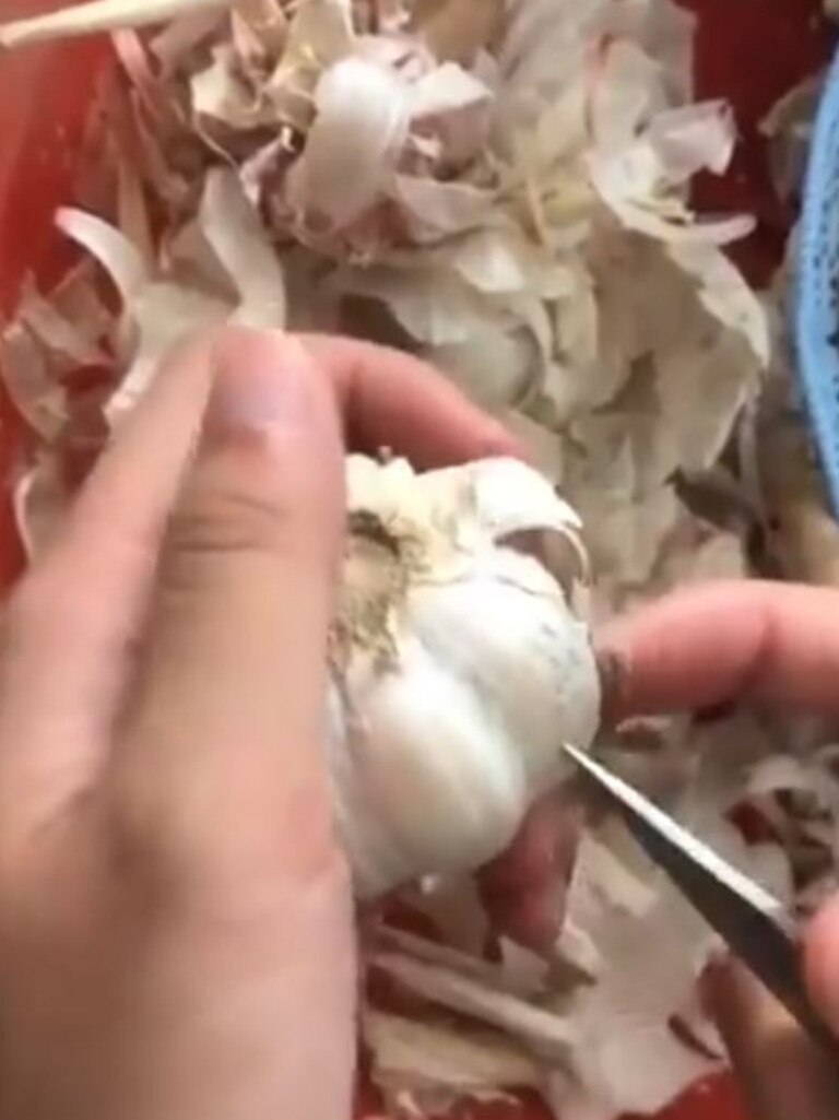 The video shows someone using a knife, or a pointed blade, to stab the individual garlic cloves. Picture: Twitter/@VPestilenZ