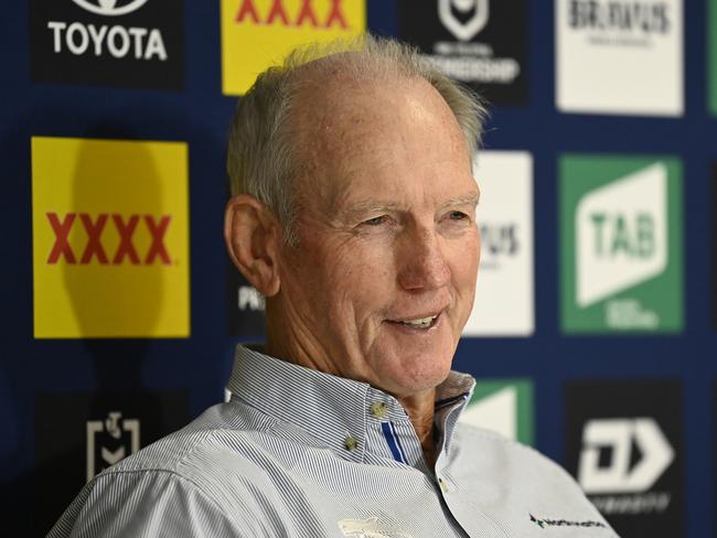 TOWNSVILLE, AUSTRALIA - APRIL 07: Dolphins coach Wayne Bennett speaks at the post match press conference at the end of the round six NRL match between North Queensland Cowboys and Dolphins at Qld Country Bank Stadium on April 07, 2023 in Townsville, Australia. (Photo by Ian Hitchcock/Getty Images)