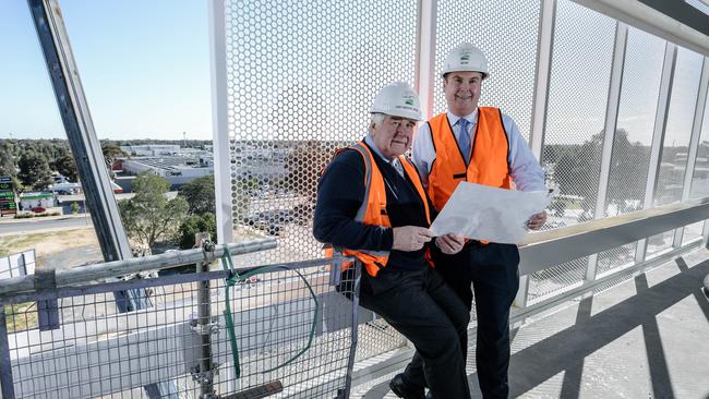 Former Playford chief executive Mal Hemmerling with Mayor Glenn Docherty in the new Windsor Carpark at Elizabeth. Picture: Morgan Sette/AAP