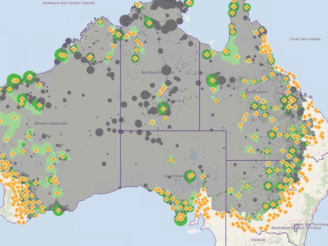 RFDS uses what we think is an Australian first mapping system that marries most recent census data over public, private, NACHHO and RFDS health services in outer regional to remote Australia. The system shows regions that have and don’t have reasonable access to a health service. The system is called RFDS SPOT (Service Operational Planning Tool). We don’t map urban areas, but you may be the first to publish one of our rural maps. The greyed area on the below map shows regions more than 60 minutes’ drive from a maternity service. Greened areas are within 60 minutes to maternity. The large grey dots are significant populations with no maternity coverage. The larger the dot, the larger the community. Picture: supplied