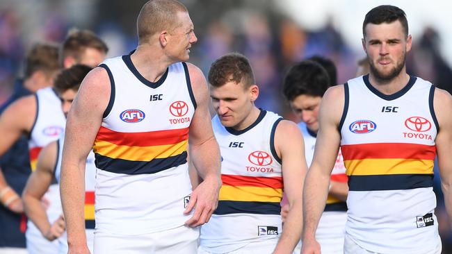 Sam Jacobs, Rory Laird and Brad Crouch after the Crows’ final round loss to the Western Bulldogs that kept them out of finals for a second year. Picture: Quinn Rooney/Getty Images