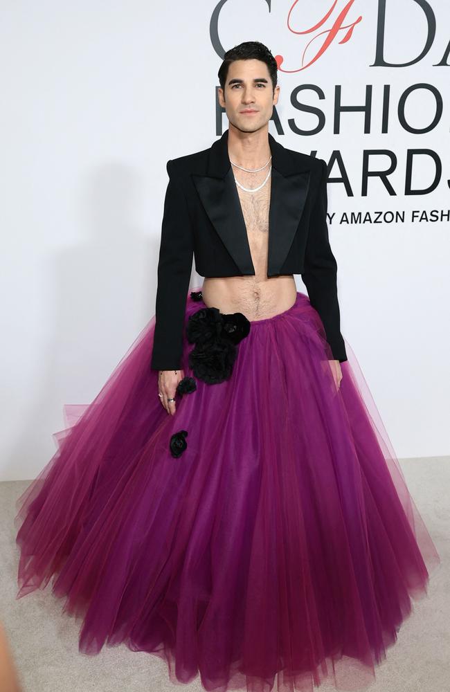 Darren Criss in the wardrobe equivalent of a mullet: Business on top, party on the bottom. Picture: Getty Images via AFP