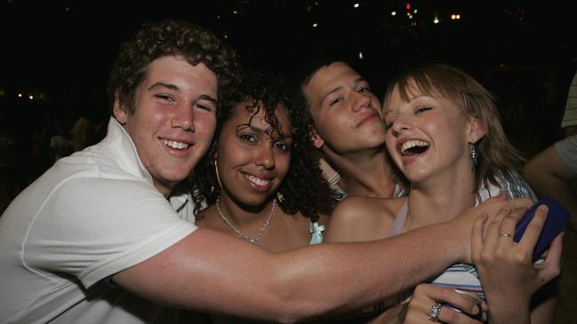 Rohan Webb, Kat Hartley, Rhys Jones and Vicki Wimsett celebrate New Year’s Eve in 2004. Picture: Brett Wortman.