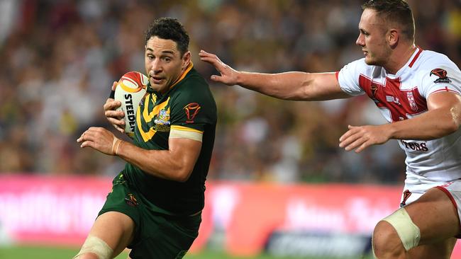Billy Slater takes on the English defence on Saturday night.