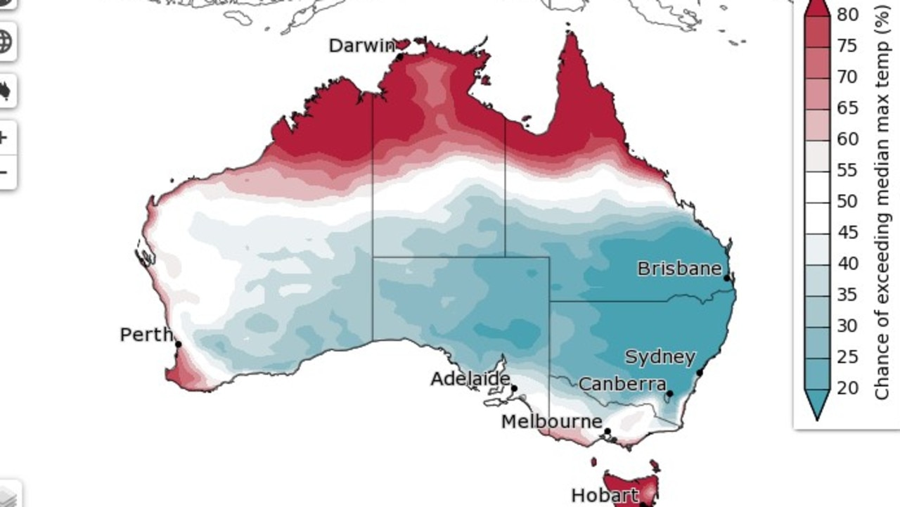 The chances of exceeding the median maximum temperature from September to November. Picture: BOM.