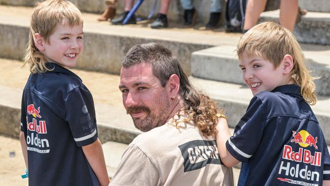 Brett Varnhagen with twin sons Jett and Brody. Picture: Brenton Edwards