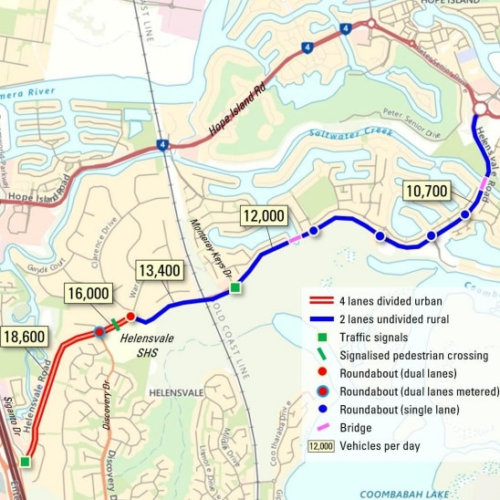 Mapping showing Helensvale Road and traffic.