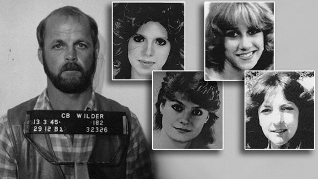 Police mugshots of Christopher Wilder and three of the women he killed.